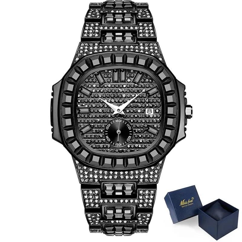 Luxury Men's Stainless Steel Bling Diamond Iced Out Quartz Wristwatch