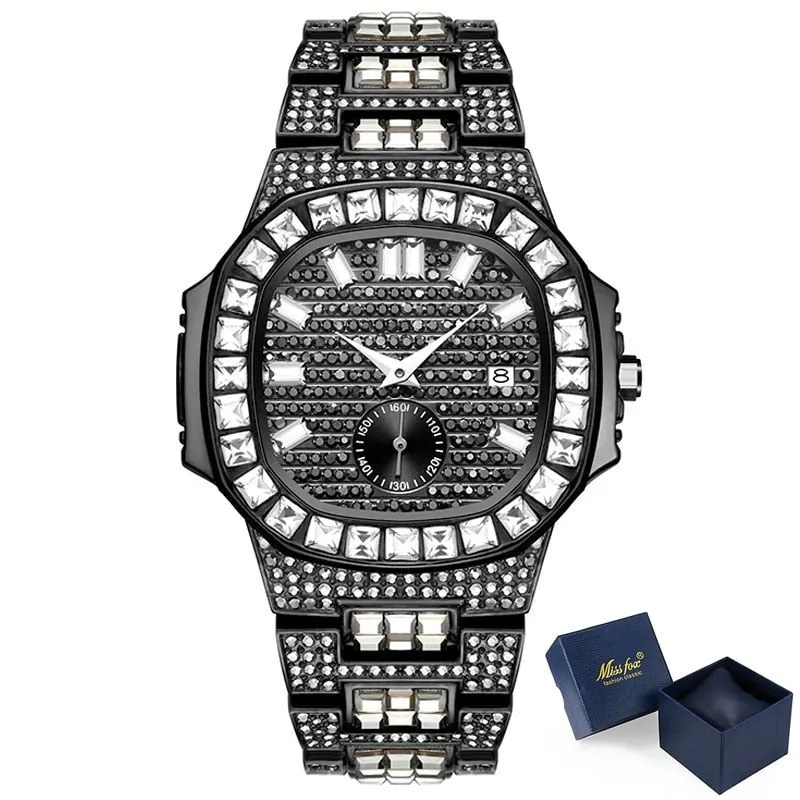 Luxury Men's Stainless Steel Bling Diamond Iced Out Quartz Wristwatch