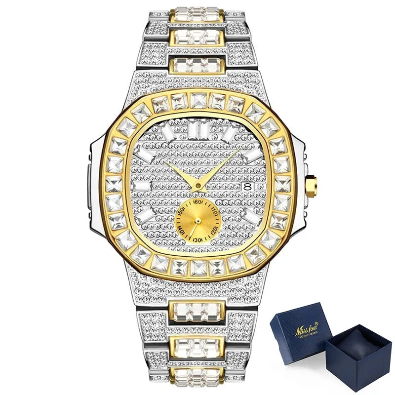 Luxury Men's Stainless Steel Bling Diamond Iced Out Quartz Wristwatch