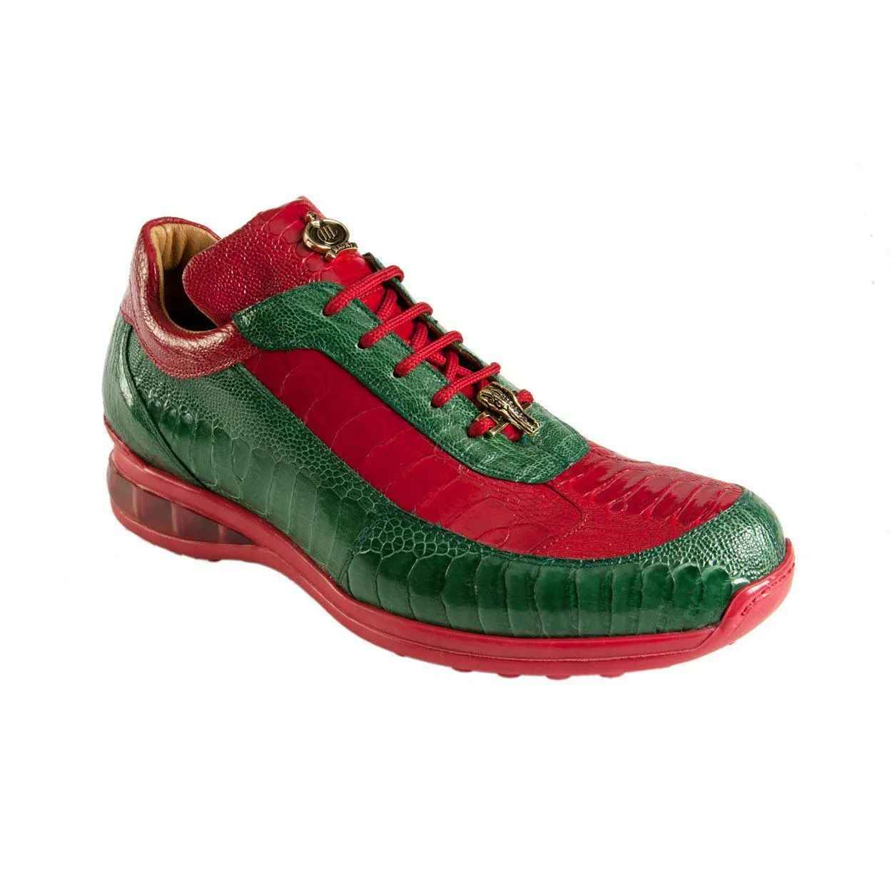 Mauri Men's Designer Shoes Green & Red Exotic Ostrich Leg Casual Sneakers 8569 (MAO1047)