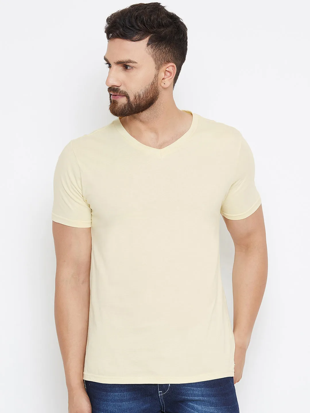 Men Beige Solid V Neck T-shirt