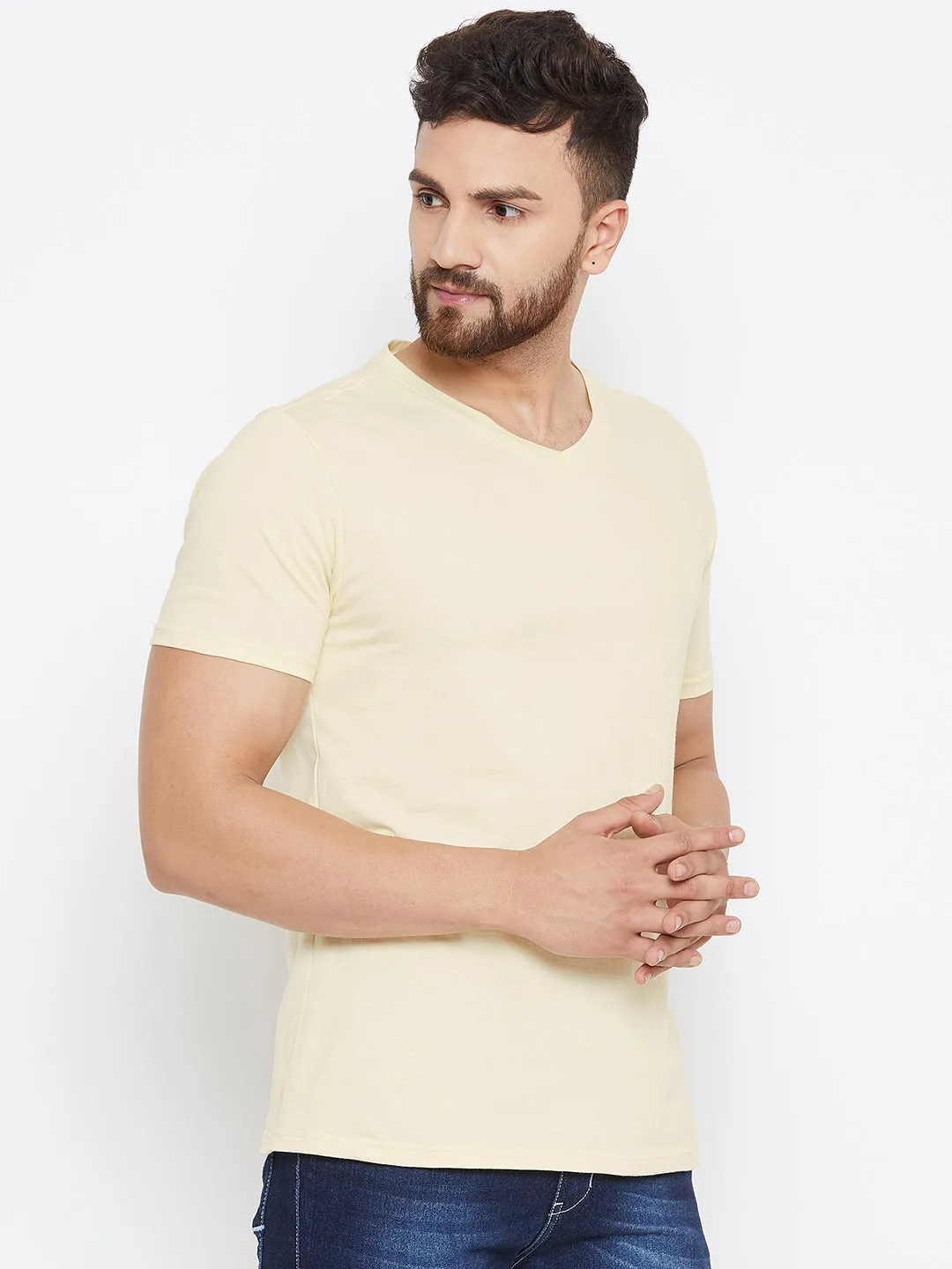 Men Beige Solid V Neck T-shirt