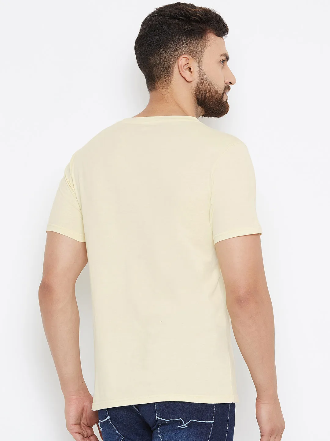 Men Beige Solid V Neck T-shirt