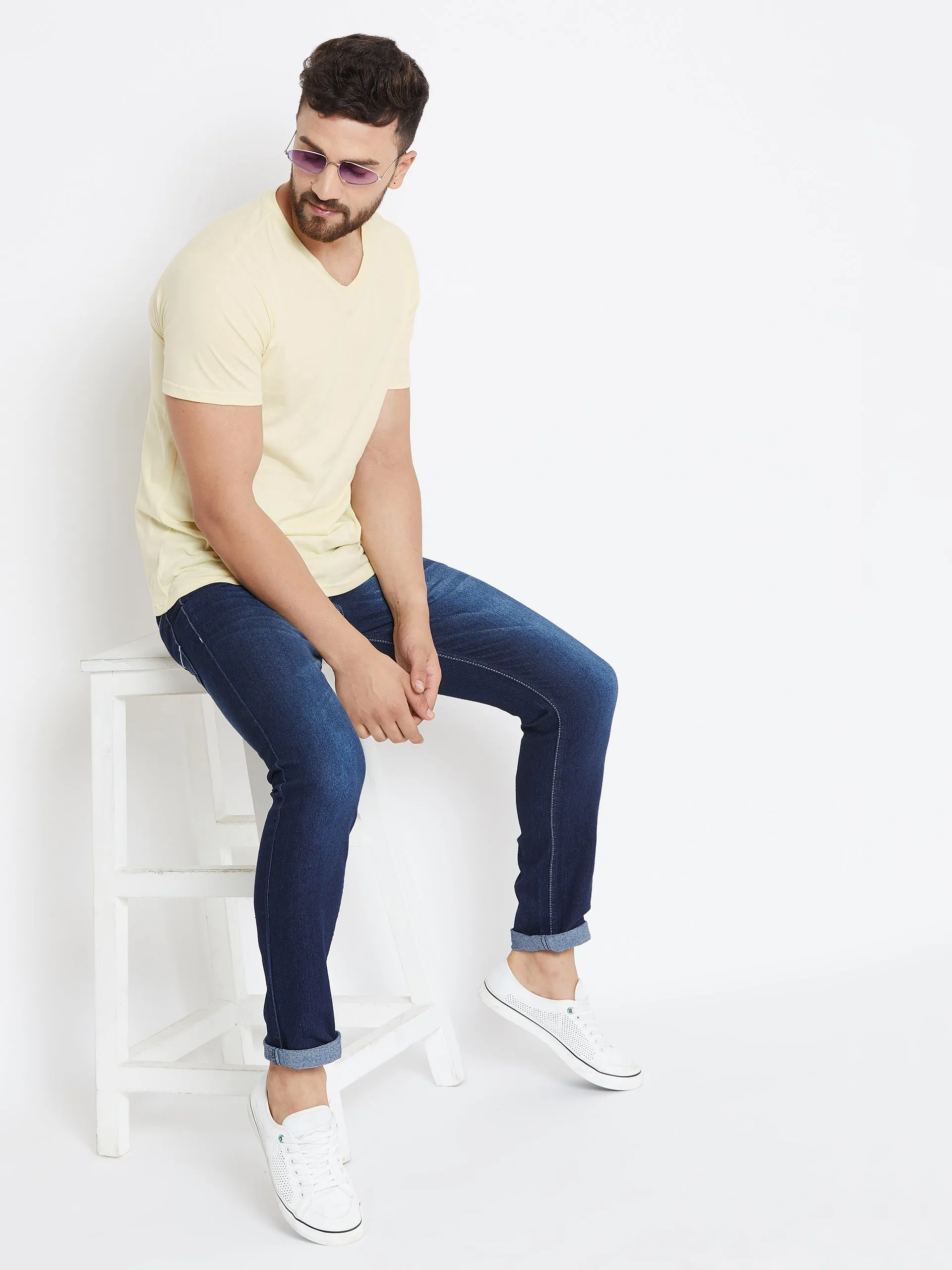 Men Beige Solid V Neck T-shirt