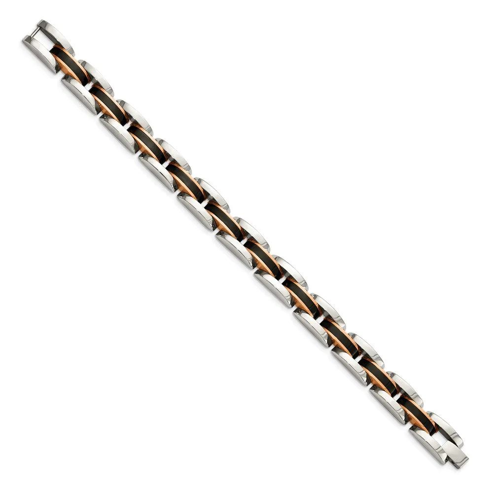 Men's 12mm Stainless Steel Tri-Color Panther Link Bracelet, 8.5 Inch