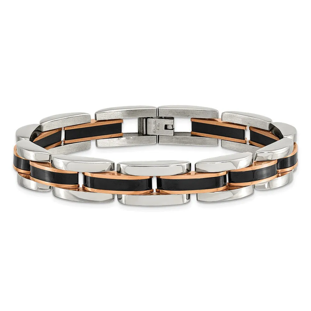 Men's 12mm Stainless Steel Tri-Color Panther Link Bracelet, 8.5 Inch