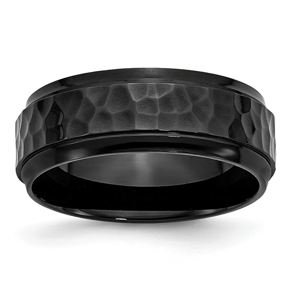 Men's 8mm Black Plated Stainless Steel Hammered Beveled Edge Band