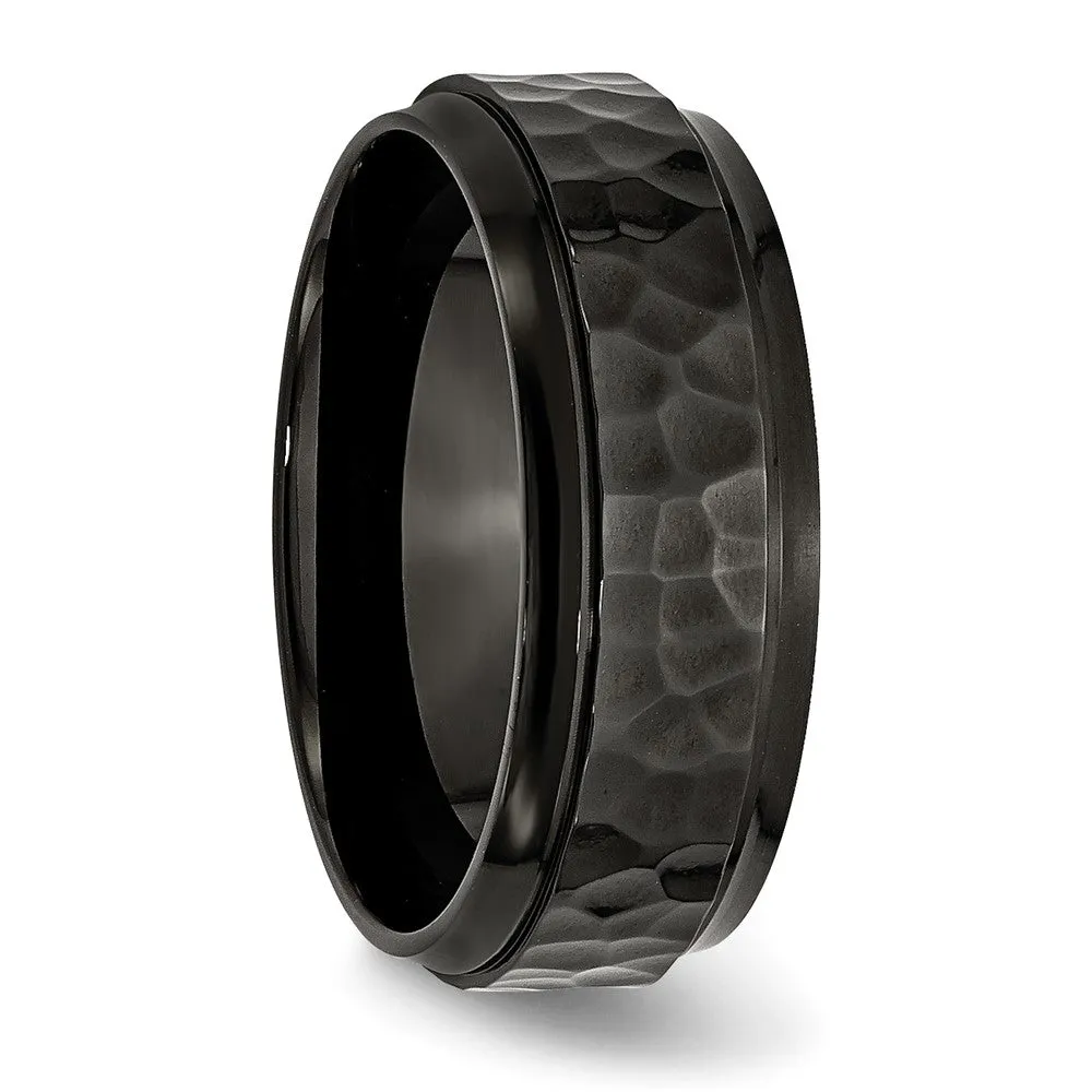 Men's 8mm Black Plated Stainless Steel Hammered Beveled Edge Band