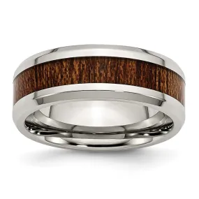 Men's 8mm Stainless Steel Brn Koa Wood Enamel Beveled Comfort Fit Band