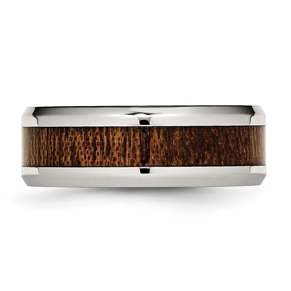 Men's 8mm Stainless Steel Brn Koa Wood Enamel Beveled Comfort Fit Band