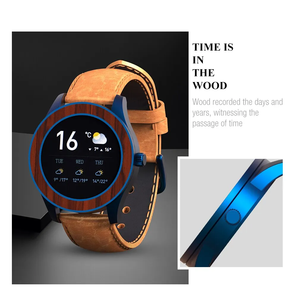 Men's Bamboo Case Bluetooth Heart Rate Sport Multifunction Smartwatch