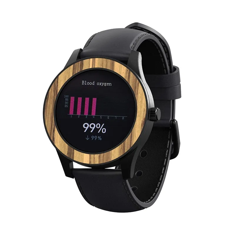 Men's Bamboo Case Bluetooth Heart Rate Sport Multifunction Smartwatch