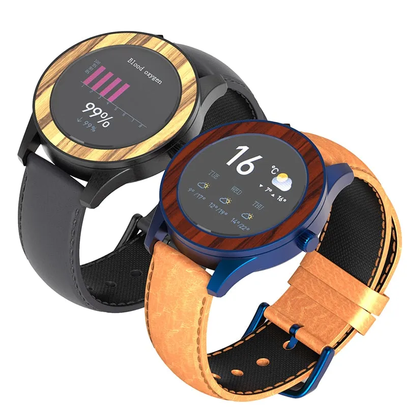 Men's Bamboo Case Bluetooth Heart Rate Sport Multifunction Smartwatch