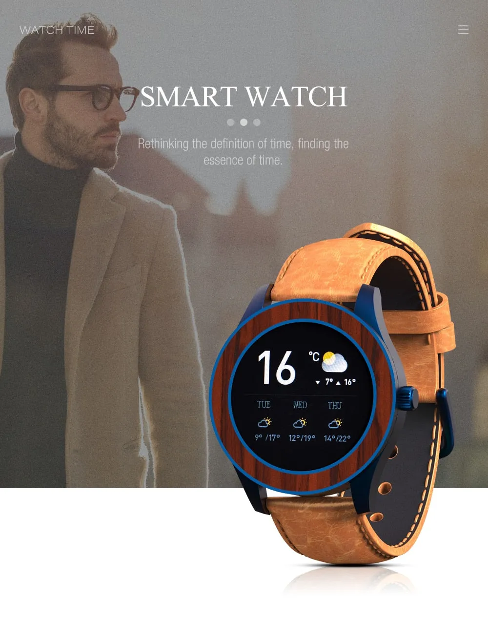 Men's Bamboo Case Bluetooth Heart Rate Sport Multifunction Smartwatch