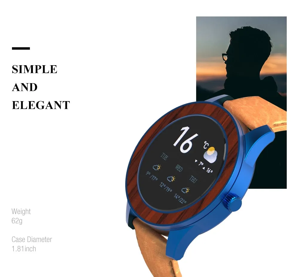 Men's Bamboo Case Bluetooth Heart Rate Sport Multifunction Smartwatch