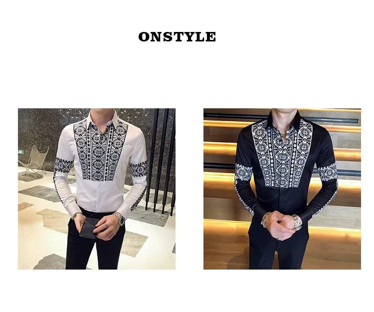 Men's Fashion Casual Slim British Style Printed Pattern Long Sleeve Shirt