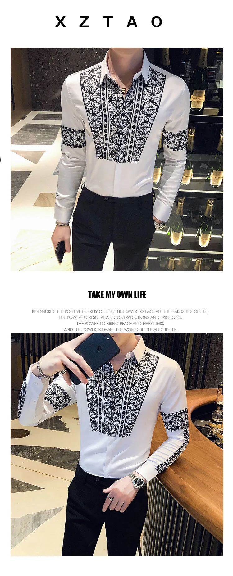 Men's Fashion Casual Slim British Style Printed Pattern Long Sleeve Shirt