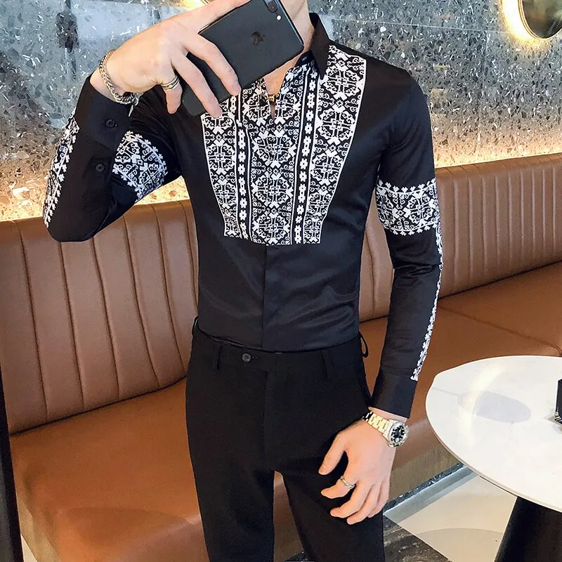 Men's Fashion Casual Slim British Style Printed Pattern Long Sleeve Shirt