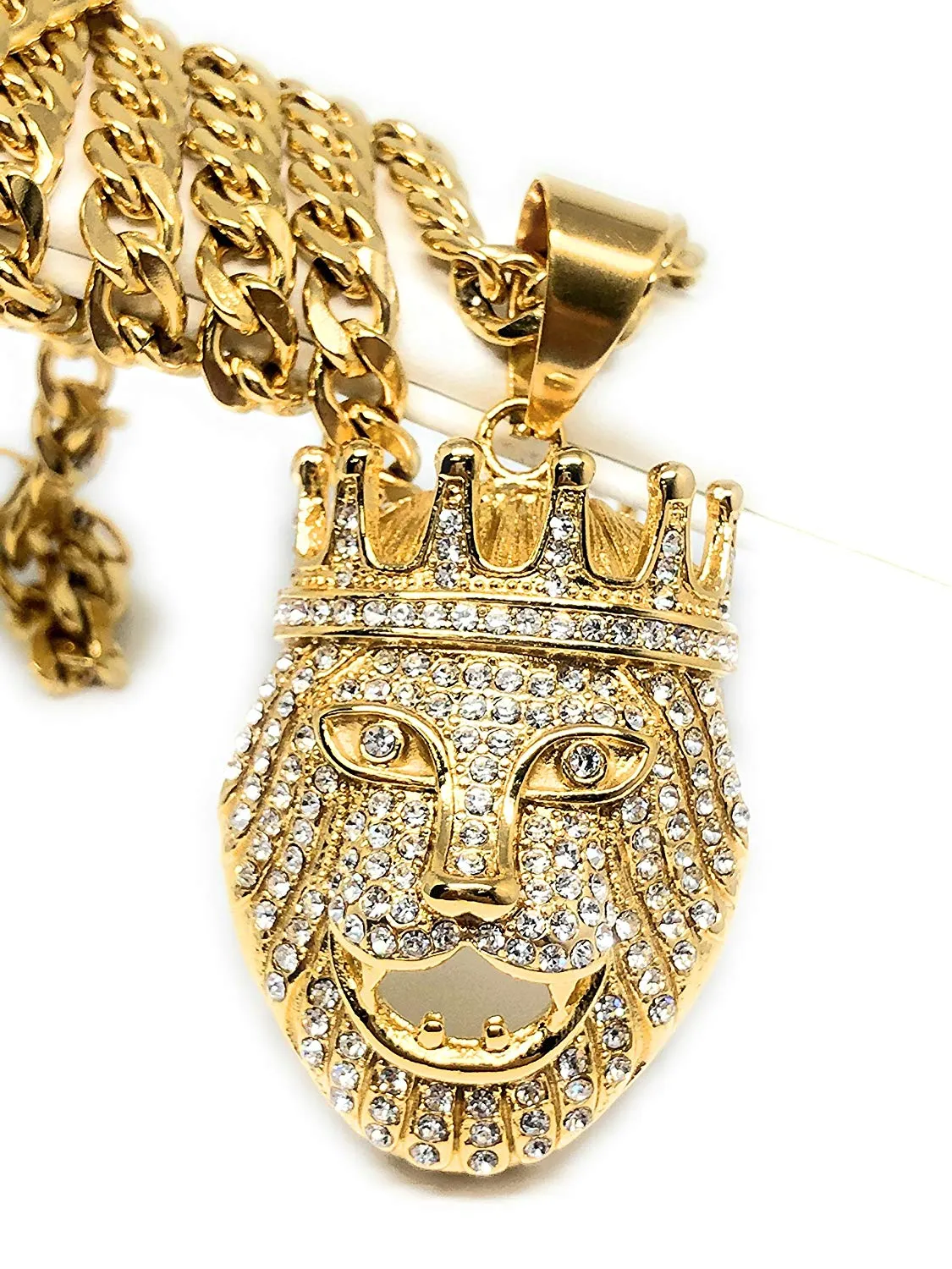 Men's Hip Hop Gold Plated Iced Out Lion Crown Face Head Pendant Necklace 30 Cuban Link 7mm