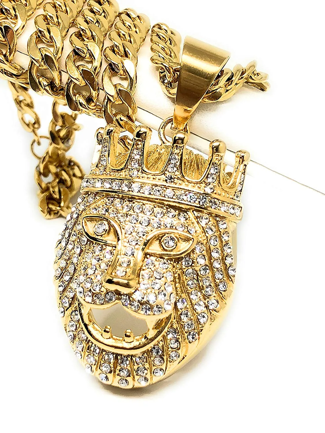 Men's Hip Hop Gold Plated Iced Out Lion Crown Face Head Pendant Necklace 30 Cuban Link 7mm