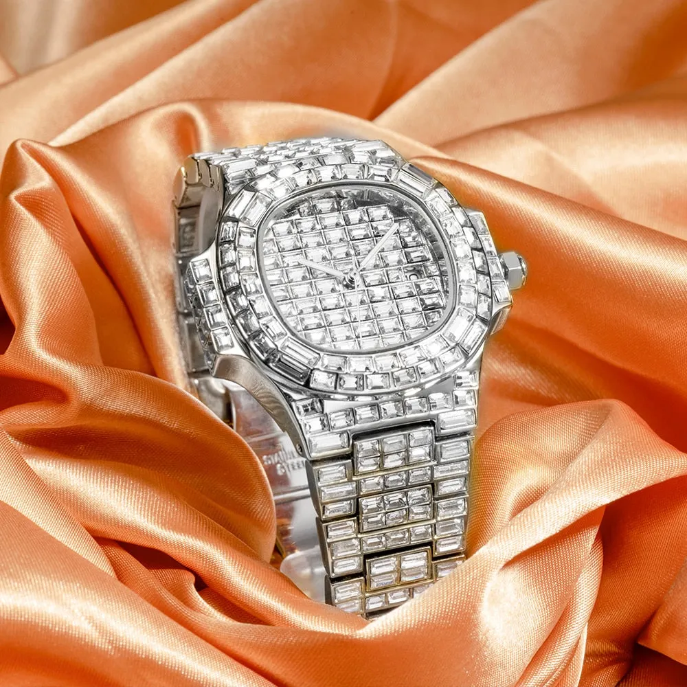 Men's Luxury Baguette Diamond Round Case Hip Hop Quartz Wristwatch