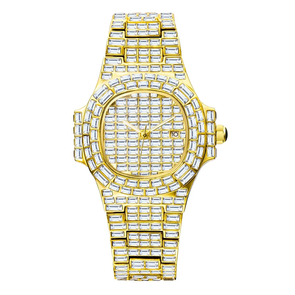 Men's Luxury Baguette Diamond Round Case Hip Hop Quartz Wristwatch