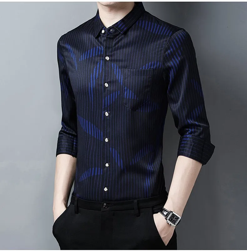 Men's Luxury Korean Striped Casual Long Sleeve Shirt with Pocket