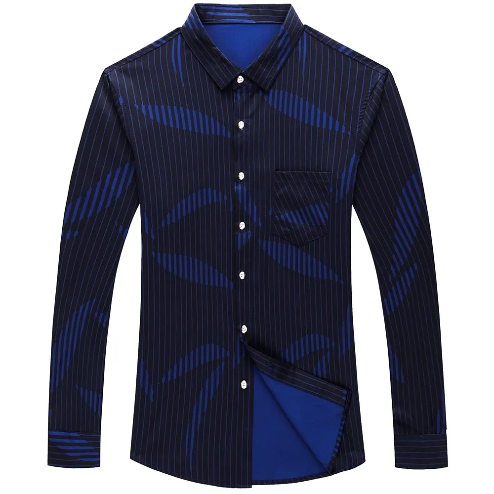 Men's Luxury Korean Striped Casual Long Sleeve Shirt with Pocket