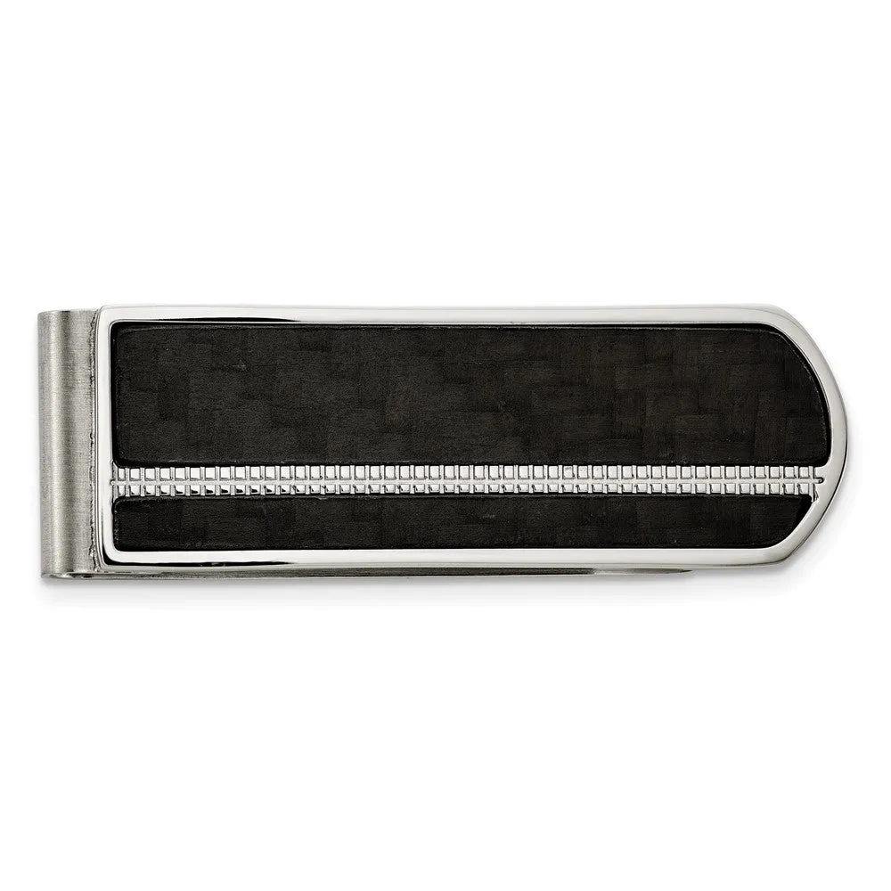 Men's Stainless Steel & Black Carbon Fiber Fold Over Money Clip