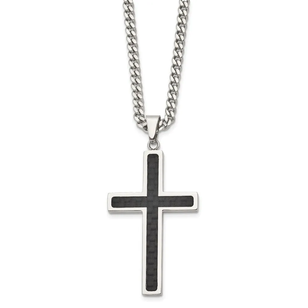 Men's Stainless Steel & Blk Carbon Fiber Large Cross Necklace, 24 Inch