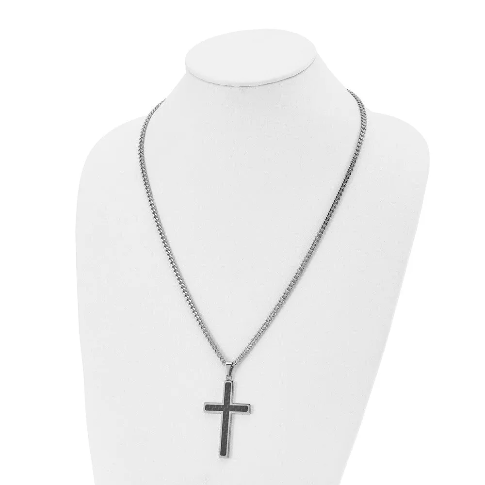 Men's Stainless Steel & Blk Carbon Fiber Large Cross Necklace, 24 Inch