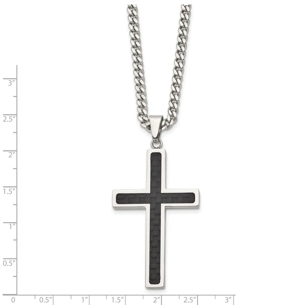 Men's Stainless Steel & Blk Carbon Fiber Large Cross Necklace, 24 Inch