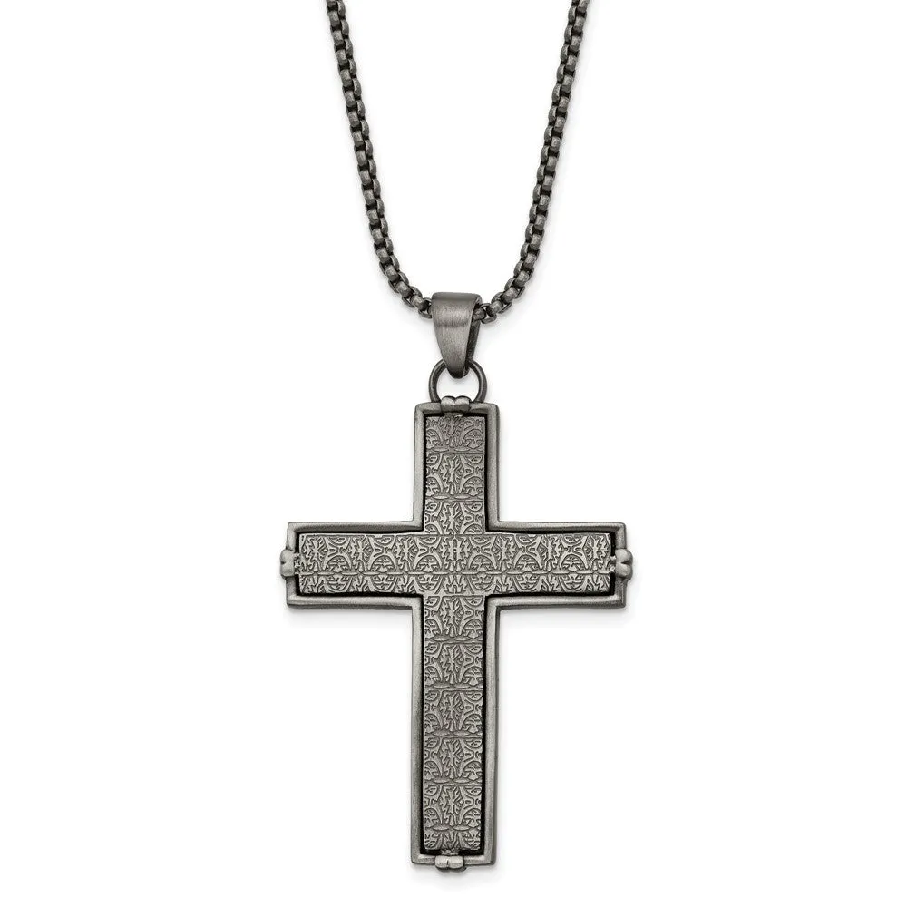 Men's Stainless Steel Antiqued Textured Large Cross Necklace, 24 Inch