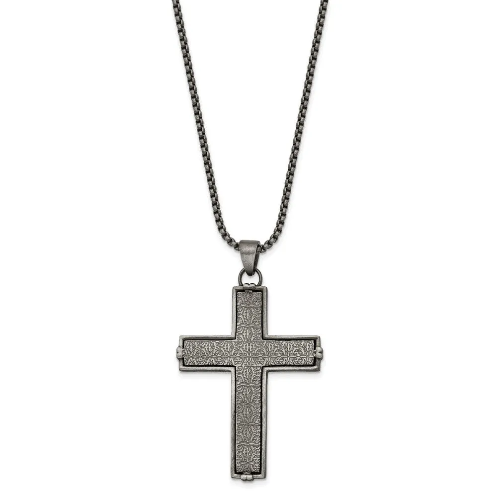 Men's Stainless Steel Antiqued Textured Large Cross Necklace, 24 Inch