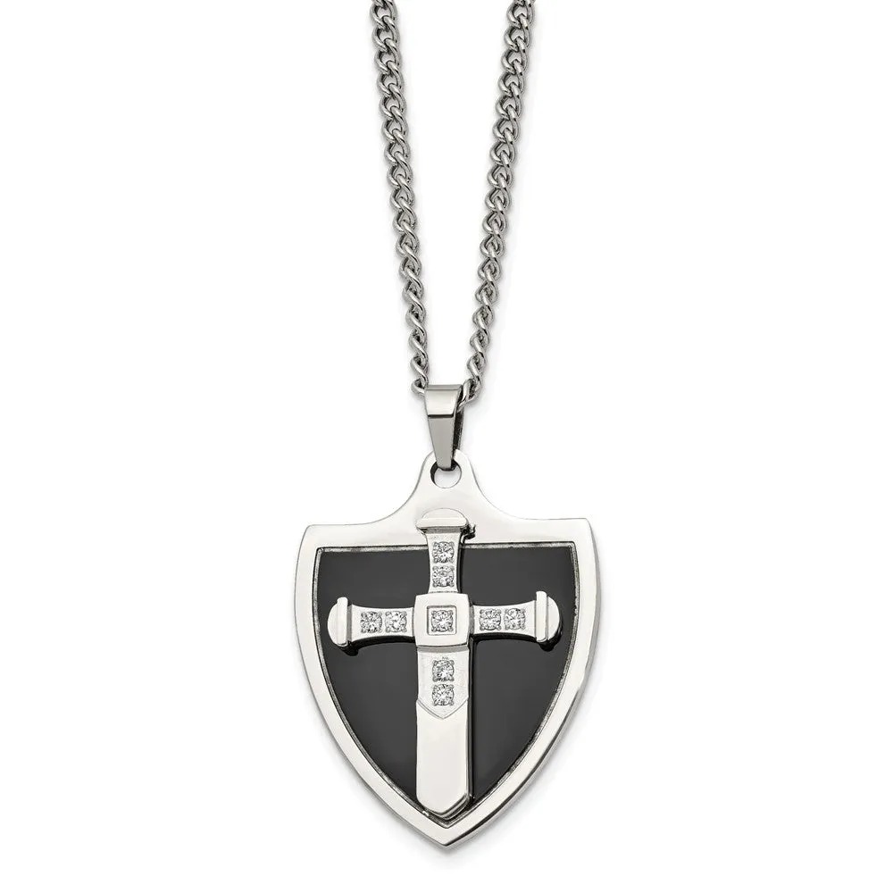 Mens Stainless Steel, Black Plated & CZ Cross Shield Necklace, 24 Inch