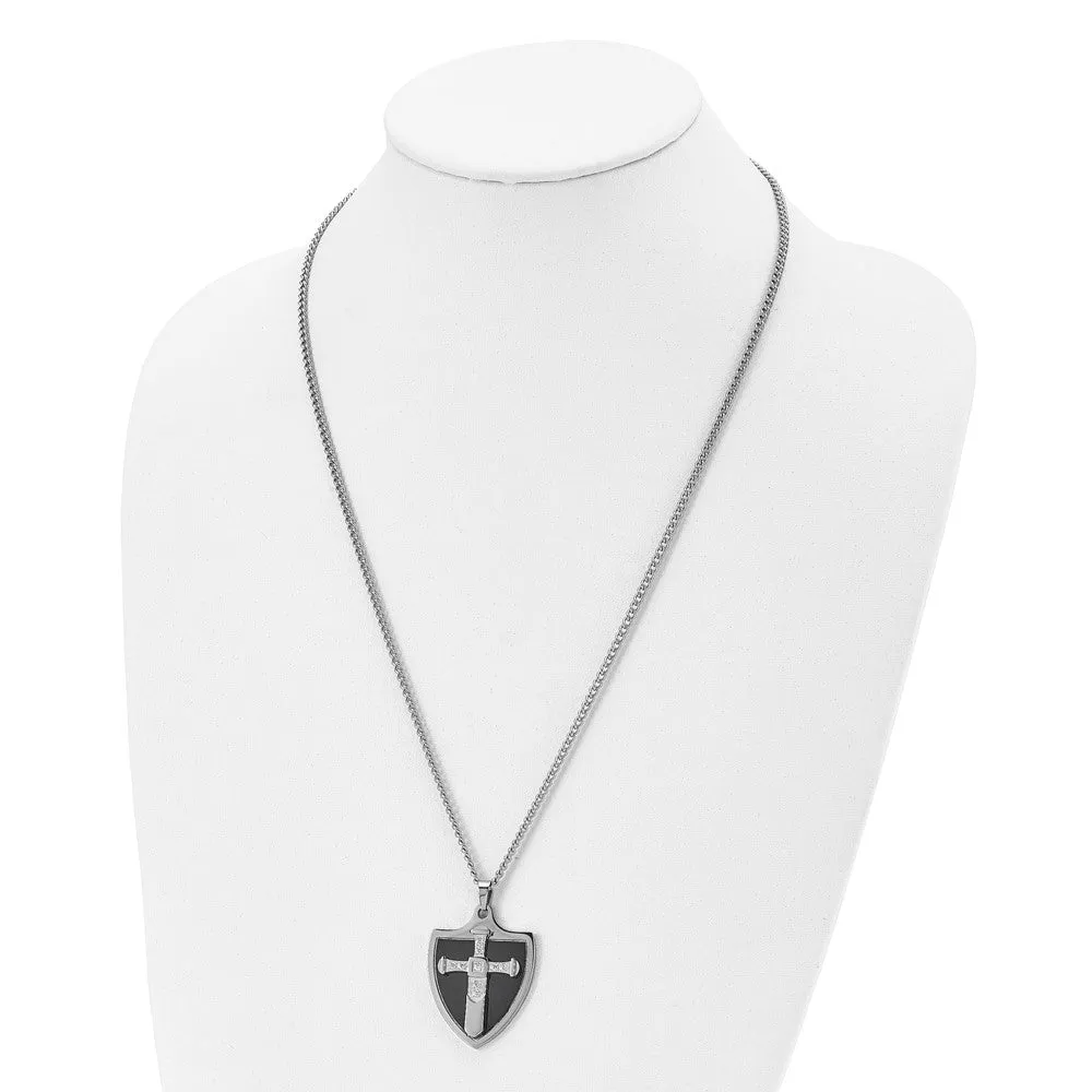 Mens Stainless Steel, Black Plated & CZ Cross Shield Necklace, 24 Inch