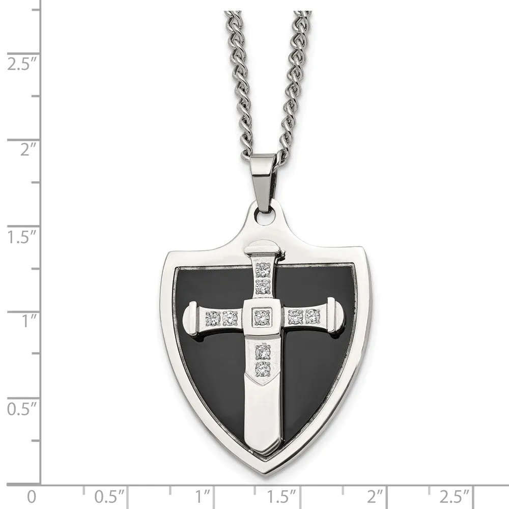 Mens Stainless Steel, Black Plated & CZ Cross Shield Necklace, 24 Inch