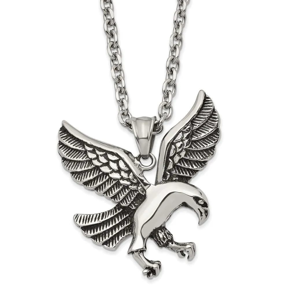 Men's Stainless Steel Large Antiqued & Polished Eagle Necklace, 24 In