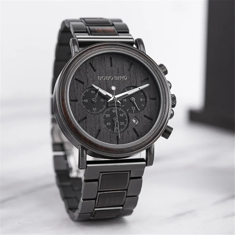 Men's Stainless Steel Wood Luminous Hand Chronograph Quartz Wristwatch