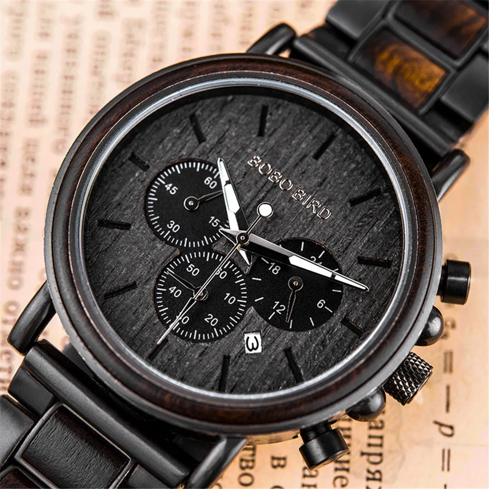 Men's Stainless Steel Wood Luminous Hand Chronograph Quartz Wristwatch