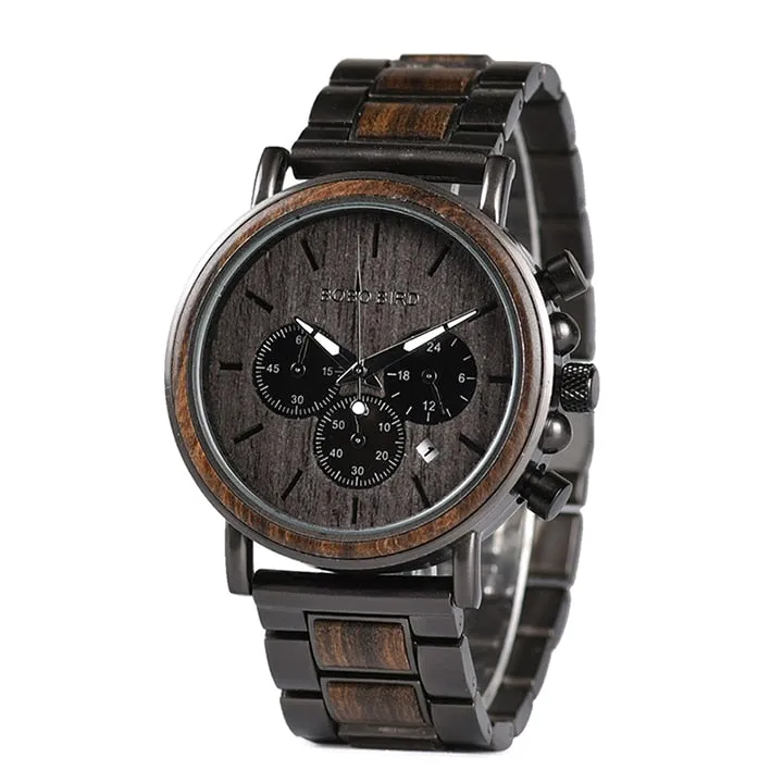 Men's Stainless Steel Wood Luminous Hand Chronograph Quartz Wristwatch