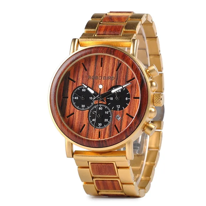 Men's Stainless Steel Wood Luminous Hand Chronograph Quartz Wristwatch