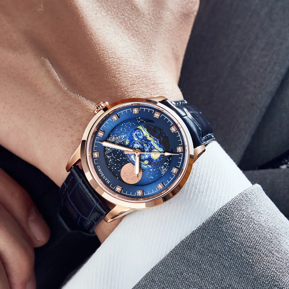 Men's Starry Sky Dial Moon Phase Self-Winding Mechanical Wristwatches