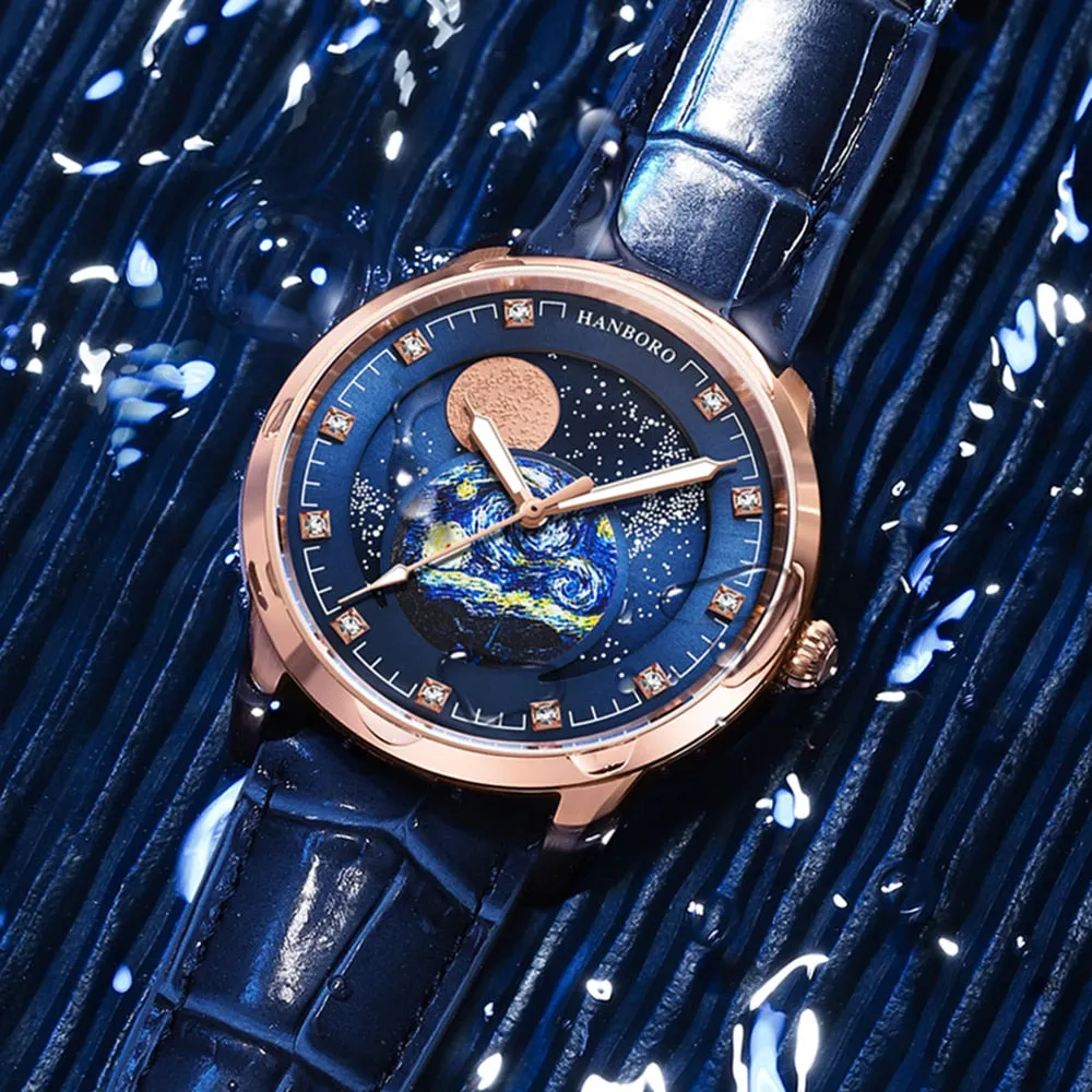 Men's Starry Sky Dial Moon Phase Self-Winding Mechanical Wristwatches