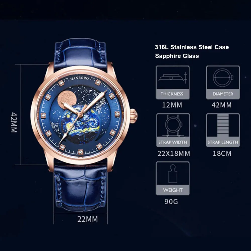 Men's Starry Sky Dial Moon Phase Self-Winding Mechanical Wristwatches