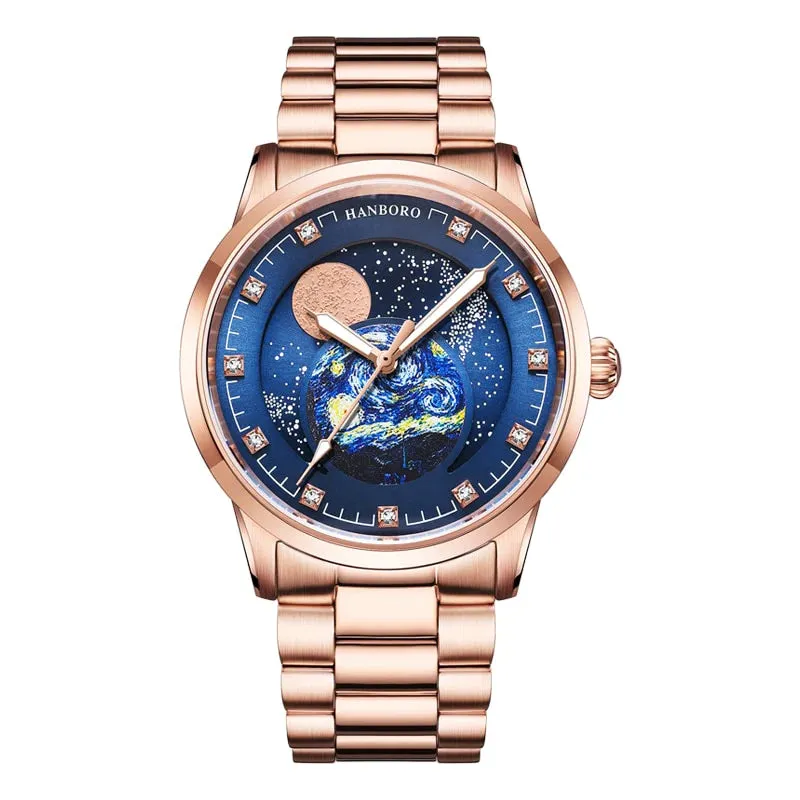 Men's Starry Sky Dial Moon Phase Self-Winding Mechanical Wristwatches