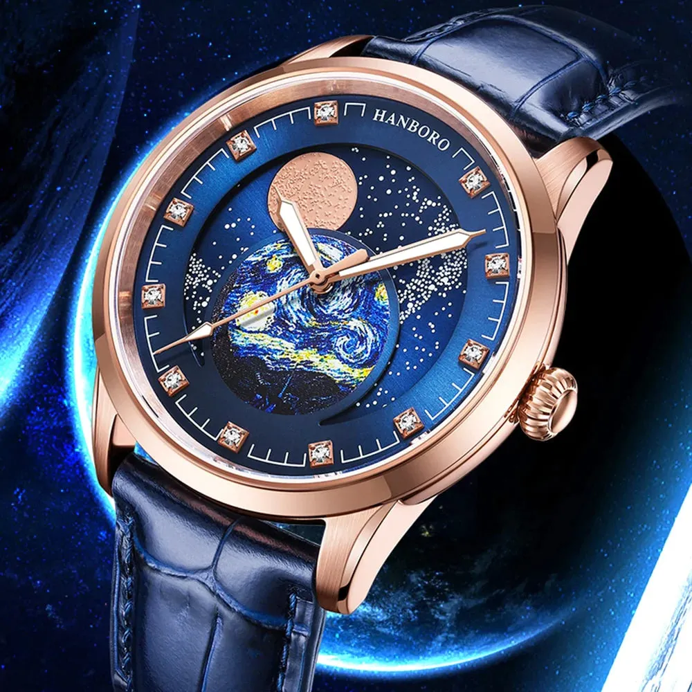 Men's Starry Sky Dial Moon Phase Self-Winding Mechanical Wristwatches