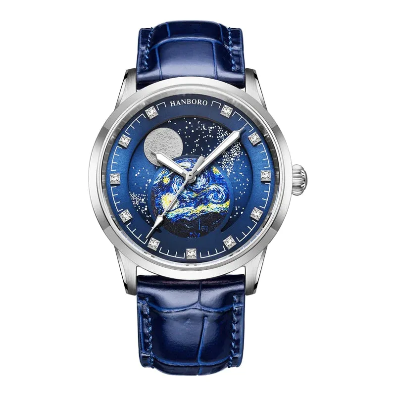 Men's Starry Sky Dial Moon Phase Self-Winding Mechanical Wristwatches