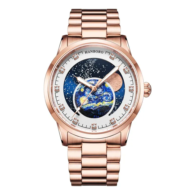 Men's Starry Sky Dial Moon Phase Self-Winding Mechanical Wristwatches