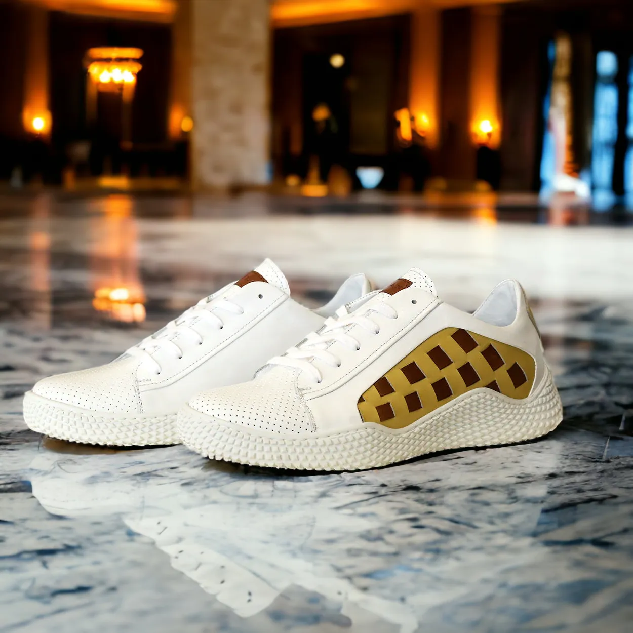 Mezlan 20605 Men's Shoes White, Yellow & Whiskey Calf-Skin Leather Casual Sneakers (MZS3633)